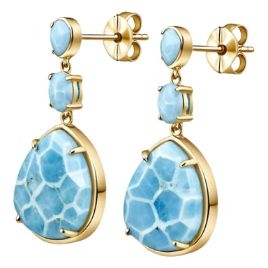 No emoji icons, no emoji faces, 8k quailty, clean, smooth design, isolated, hyper realistic, ultra sparkly, detailed, 14k yellow gold and Rare Genuine Larimar Raw Crystal earrings set, rendering. Full transparent background  sticker