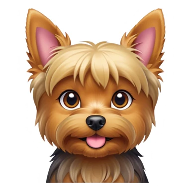 Cinematic Cute Yorkshire Terrier Portrait Emoji, Head perked with bright, twinkling eyes and a perky expression, showcasing a soft, silky fur in rich hues, simplified yet adorably detailed, glowing with a cheerful, inviting glow, high shine, exuding playful intelligence and spunky charm, styled with a gentle, whimsical outline, capturing the essence of a cute Yorkshire Terrier that appears ready to frolic off the screen with irresistible energy! sticker
