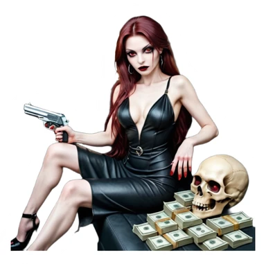 Lilith red eye seductress evil long brown haired sexy succubus woman with leather long dress with slit on, sitting in Big Large F350 pickup truck. Back seat full of stacks of cash, she is  Holding a human skull of her enemies and a gun in other hand sticker