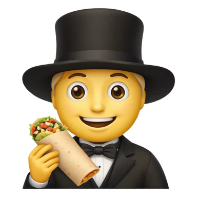 Generic classic yellow basic emoji face with a black top hat eating a burrito sticker