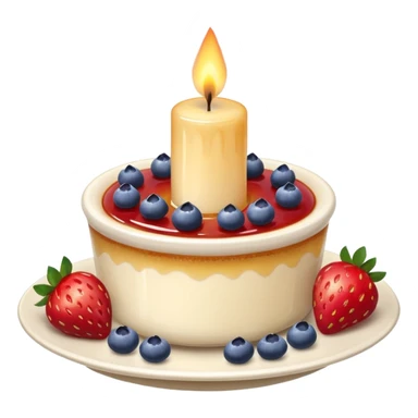 Crème brûlée with strawberries and blueberries on top with a lit candle sticker