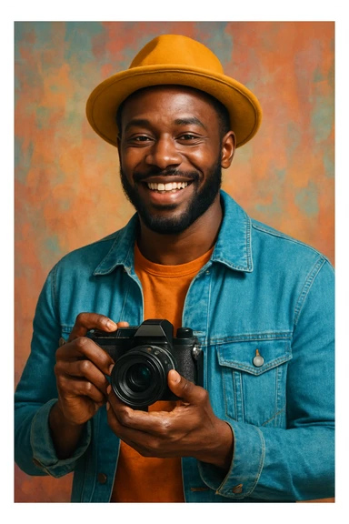 A black man holding a camera, smiling, wearing a hat, modern style. sticker