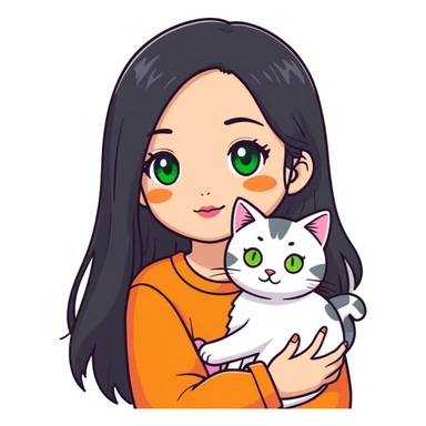 Girl with black lomg hair and brown eyes and makeup with pink pretty lips holding a cat with green eyes, with a face half grey and half orange and grey, white and orange spots sticker