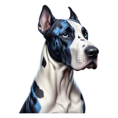 Cinematic Noble Harlequin Great Dane Portrait Emoji, Poised and regal, with a towering, muscular build and a striking coat of predominantly white with bold black patches, deep-set soulful blue eyes, Simplified yet sharp and sophisticated features, highly detailed, glowing with a soft, dignified glow, high shine, intelligent and loyal, stylized with an air of majesty, focused and attentive, soft glowing outline, capturing the essence of a watchful and confident guardian, so majestic it feels as though it could stride out of the screen with effortless authority! sticker