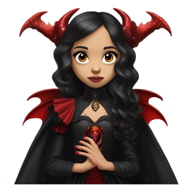 surprised Lavish Victorian black evening gown with see-through gloves, Jenna Ortega as Addams girl Jedi wearing a steampunk mini tiara, very large blood red evil-looking horned dragon sticker