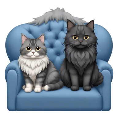 A large black smoke Maine Coon cat with long grey ear tufts and a fluffy grey ruff, sitting next to a chubby British Shorthair cat in blue color with plush fur, both sitting comfortably on a sofa. Beautiful room background with flowers and soft lighting. Transparent background. sticker