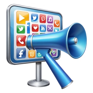 An icon featuring a megaphone, a billboard, and social media icons, symbolizing advertising and public relations. The design includes a press release and a rising graph, representing brand promotion and communication strategies. Transparent background highlights media influence and outreach. sticker