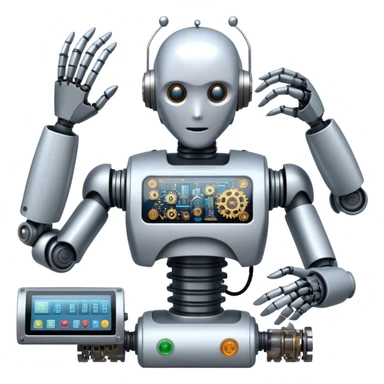 An icon featuring a humanoid robot assembling parts with robotic arms, surrounded by gears, circuit boards, and sensors, symbolizing robotics. The design includes a control panel and AI interface, representing automation, engineering, and innovation. Transparent background. sticker