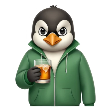 head and shoulders portrait of a friendly anthropomorphised penguin wearing a green mafia-style tracksuit, angry intense brooding expression, holding a glass of whiskey sticker
