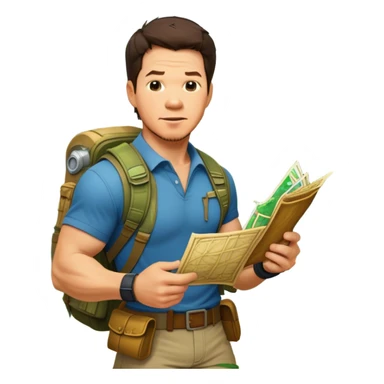 Icon for Adventure Movie: Mark Wahlberg in a jungle setting, holding a treasure map and surrounded by adventure gear. Behind him, ancient ruins rise through the dense foliage. Exciting, action-packed atmosphere with vivid jungle details. Transparent background. sticker