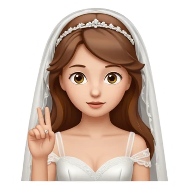 brown-haired bride in a white wedding dress and veil, curious expression, pointing to her head with her index finger, cute emoji style. sticker
