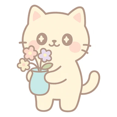 A cute cat holding a vase with flowers, with the text "Have a Beautiful Day". The scene should be warm and inviting, with soft colors and a friendly atmosphere. sticker