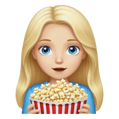 Caucasian girl with long blond hair, blue eyes eating popcorn sticker