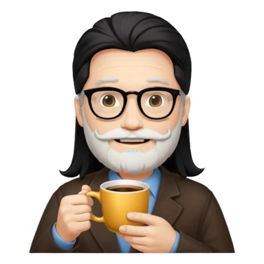 men with white bearded long black hair  with opticals  on holding coffee sticker