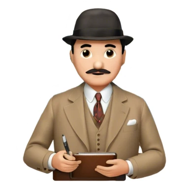 A cinematic-style frame showing Hercule Poirot in his iconic suit with a notebook in a dramatic detective pose. Background should be mysterious city, map, a board with photos of suspects, clues like fingerprints. Transparent background. sticker