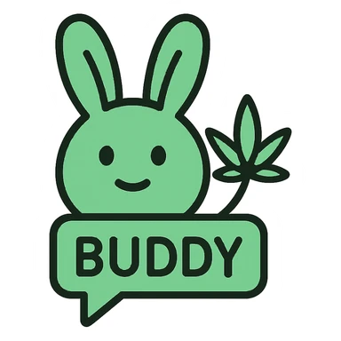 modern rabbit mascot icon for an AI chatbot named Buddy, with a green color palette and a hint of cannabis leaf, clean and tech-inspired sticker