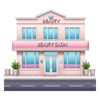 Modern beauty salon building with a stylish illuminated sign that says BEAUTY SALON on the front. Elegant exterior design, large clean windows, soft pastel colors, minimalistic decorations, welcoming atmosphere, daytime, high-quality detailed render sticker