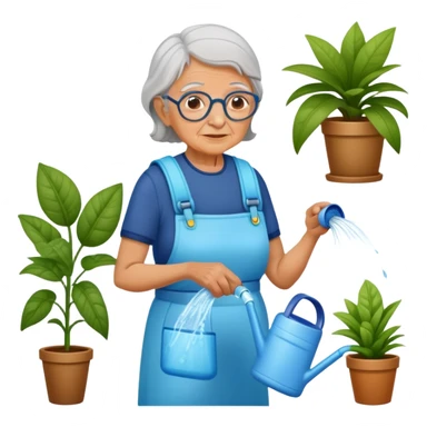 Old woman wearing a water pack watering house plants sticker