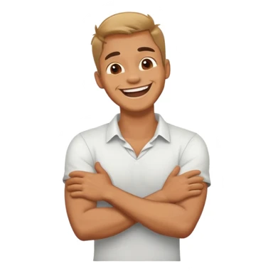 A guy laughing with his arms crossed holding his neck sticker