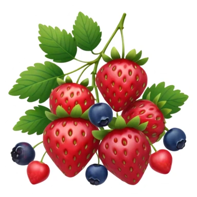 small cluster of mixed berries: strawberries with green tops, raspberries, red currants on a stem, and blueberries, realistic, 3D, no faces, no bowl, transparent background sticker