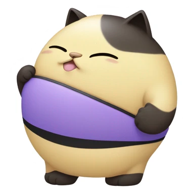 a 300 thousand kilogram weighting human kitty, with fur coloured one side light yellow and the other side light purple wearing black with blue stripe bikini being immobile, and grumpily happy while touching her massive belly on the floor sticker