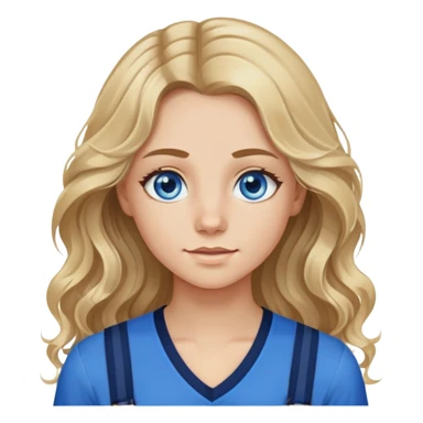 Realistic portrait of a girl with bright blue eyes long wavy dirty blond hair with blond highlights a navy blue v neck long sleeve shirt and blue braces sticker