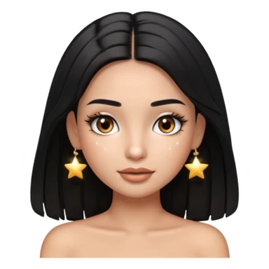pretty cartoon girl, semi-realistic 3D emoji style, long middle parted straight black hair, tan skin, brown eyes, long eyelashes, soft glam makeup, glossy lips, smooth skin, cute aesthetic, sparkles in hair, white tube top sticker