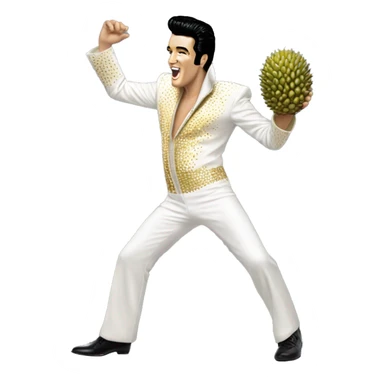Elvis Presley wearing a white and gold jumpsuit with black shoes in a dancing pose, A hand holding a large durian sticker