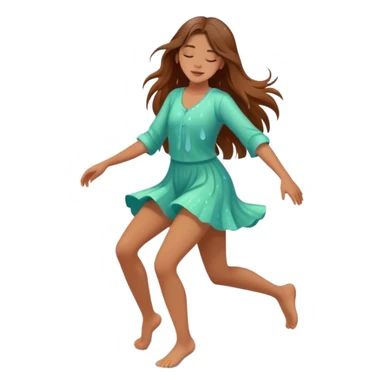 Girl with long brown hair dancing barefoot in the rain with closed eyes spring colors cartoon style elegant romantic love life raindrops in the background  sticker