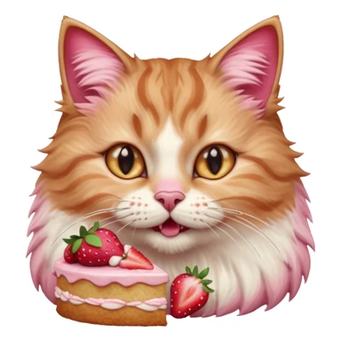 Close-up portrait of a fluffy cat eating a strawberry cake, pink cream on its nose and whiskers, detailed fur texture, soft natural light, shallow depth of field, high resolution, cute and candid moment
 sticker
