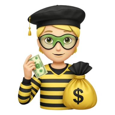 Create a high-quality emoji-style illustration of a cartoon thief character. The character should have a yellow face, wearing a black eye mask and a black beret. He is dressed in a black-and-white striped shirt. In one hand, he's holding a golden money bag with a green dollar sign on it.  sticker