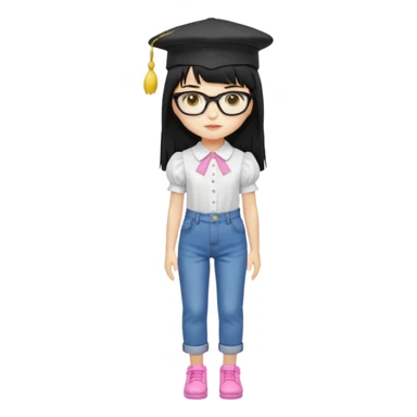 A yellow-skinned girl with long straight black hair, flat bangs, black frame glasses, a white puffy sleeve doll shirt, blue jeans and pink shoes, and a black painter's hat，no yellow spikes. sticker