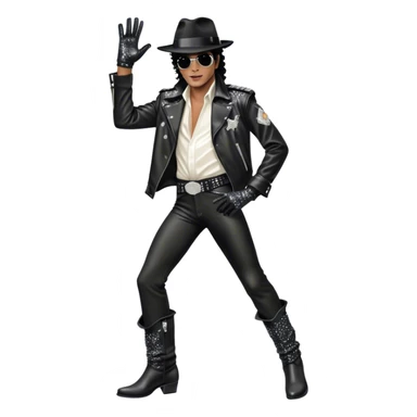 Icon for R&B Music: Michael Jackson on stage in full body, wearing his iconic concert costume—black leather jacket, sequined glove, fedora, and boots. He strikes a powerful pose, embodying the energy of R&B music. Transparent background. sticker