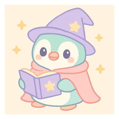 chubby penguin with a wizard hat and cloak, holding an open spellbook, charming and friendly style sticker