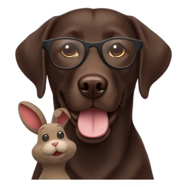 dark brown labrador with glasses smiling and a stuffed rabbit in mouth sticker