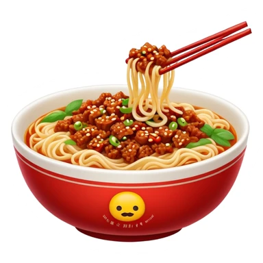 Sichuan Dan Dan Noodles with red chili oil and minced pork, simplified emoji style with bold outlines and bright colors, cartoon style spicy Chengdu street food sticker