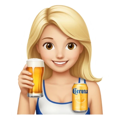 happy blonde girl with corona beer sticker