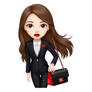 White girl with brown long hair dressed up in black chanel suit with a red chanel bag and red lipstick sticker