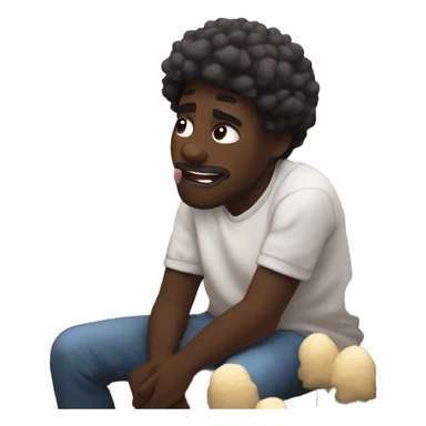 a black man eating white cotton candy crying because he loves it so much. he is sitting in a mustard field with warm sunset gracing the scene sticker