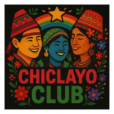 Modify the logo by adding a third face (total three faces) while keeping the colorful Peruvian theme and flowers. Make the style less childish and more mature but still convey friendship and joy. Retain the text 'Chiclayo Club'. The style should reflect a vibrant, joyful, and culturally rich Peruvian aesthetic with a balanced mature tone, not overly cartoonish or childish. sticker