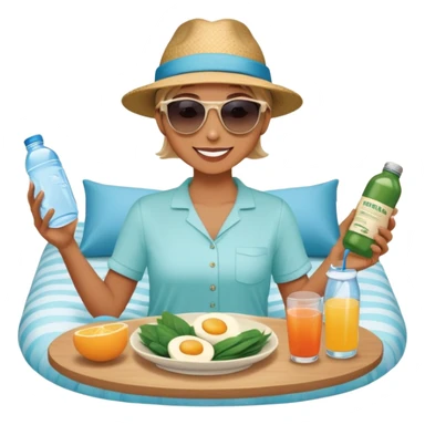 A person in the sun, with a plate of whole foods, water bottle, and glowing bed behind them. Nearby, smiling friends gather—symbolizing balance, healing, and connection through simple daily rituals. sticker