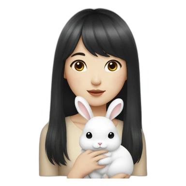 korean girl with long black hair bangs holding white rabbit sticker