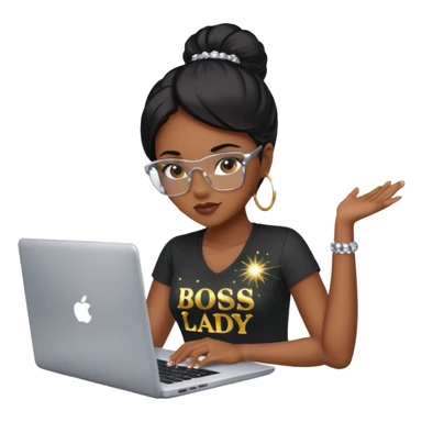 black pretty girl working hard with sparkles on laptop "boss lady" spelled out on shirt sticker