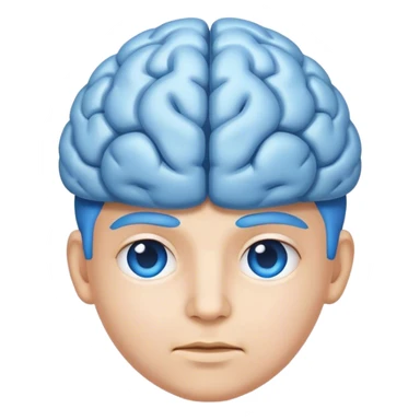 All blue adult person face emoji with a brain for hair and calm content expression sticker