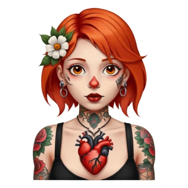 girl with fair skin, small nose, orangey red shoulder-length hair, large brown eyes, full lips, septum ring on nose and large black and white chest tattoo of anatomical heart with tattoos of flower bunches near the shoulders sticker