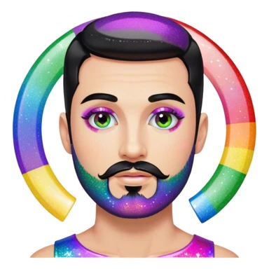 White man with black short hair and short black goatee circle-beard, very gay very glitter very rainbow add nail polish and makeup and lashes sticker