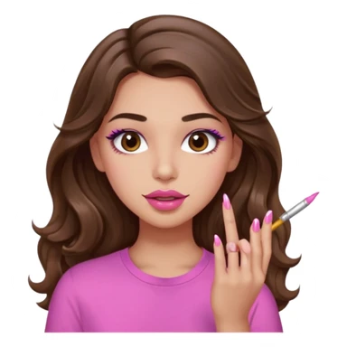 girl with long wavy brown hair, brown eyes, light to medium complexion, in a pink shirt, pink lips, long lashes, puckered lips,  painting long finger nails sticker