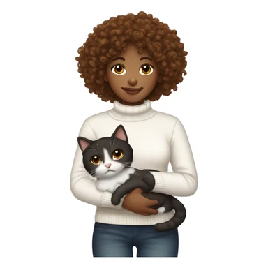 brown curly haired girl with a white sweater holding tuxedo cat  sticker