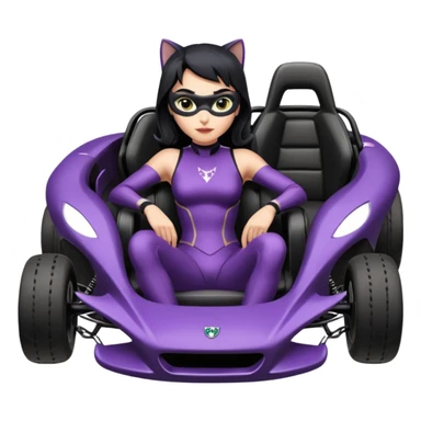 full size real-appearance road glowing racing sexy buxom CatWoman’s feminine midnight-colored tight outfit sixty’s tv show dark stealthy accurate sporty safe plush deluxe off-road pursuit drifting car jaguar (black hair,reclined and relaxed torso and shoulders back seating position) cross kart  sticker
