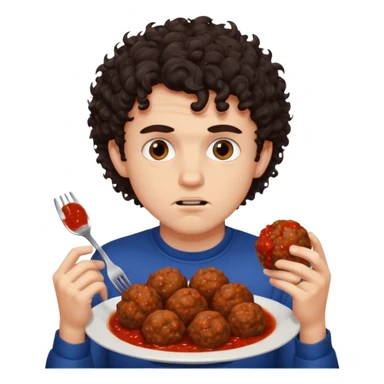 Ragazzo di 20 anni con capelli ricci scuri, leggermente arrabbiato che mangia 2 polpette  sticker